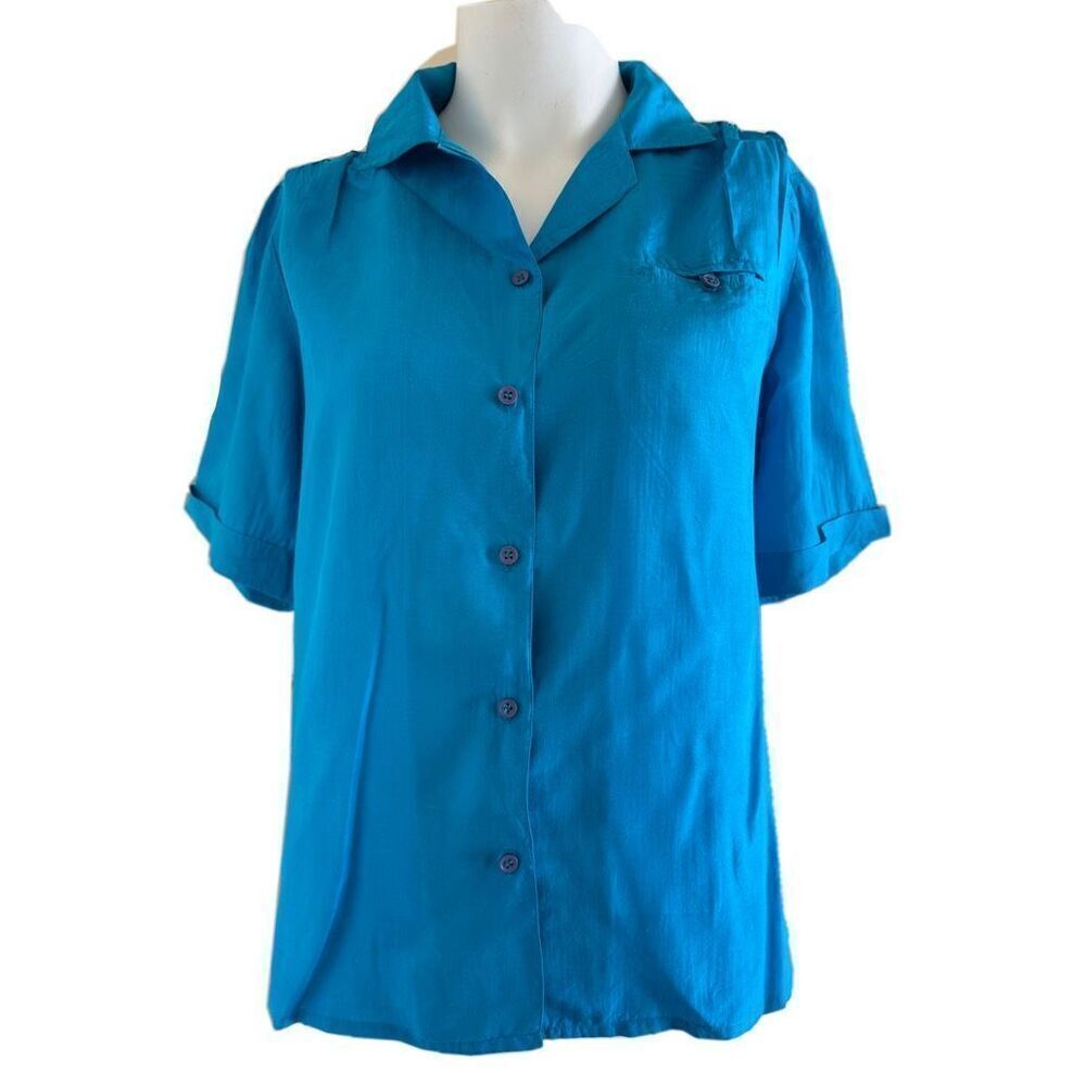 Maurada L bright royal blue 100% silk button up shirt vintage 90s women’s top sh